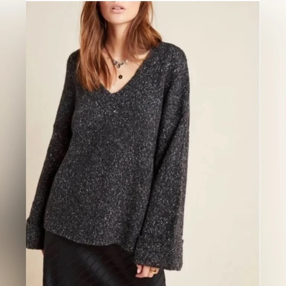Anthropologie Maggie Bell-Sleeved Sweater Grey Marled V-Neck Charcoal